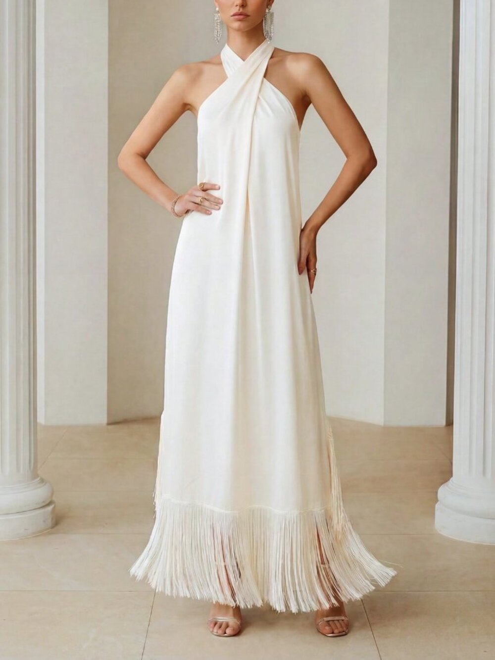 Women's Fringe Hem Cross Halter maxi Dress - Picture 3 of 6